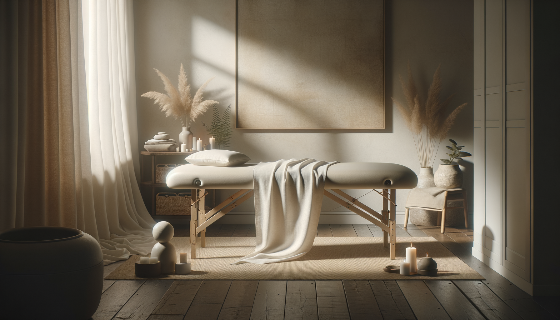 Calm and cozy massage room with an empty massage table covered with a white cloth, surrounded by candles, vases with pampas grass, a small wooden side table, and a dark round ottoman, illuminated by warm natural light through the window.
