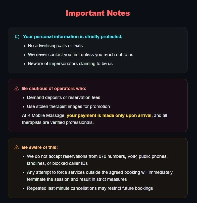 Screenshot of a website page titled 'Important Notes' with sections in red, blue, and yellow text providing guidelines and warnings about personal information protection, suspicious operators, and reservation policies at K Mobile Massage.