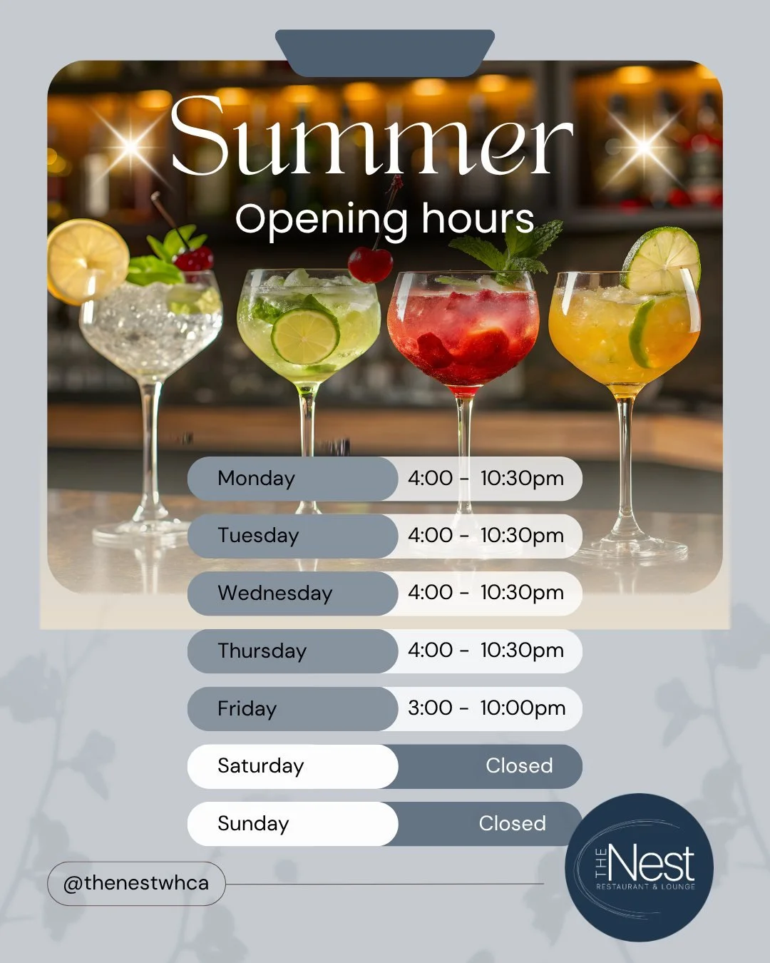 🚨 THE NEST IS OPEN AGAIN TODAY! 🚨
We heard you &mdash; and the wait is finally over! 🙌 After being closed for on-site construction, we are throwing the doors wide open TODAY and we couldn't be more excited to welcome you back.
🕐 SUMMER HOURS:
📅 