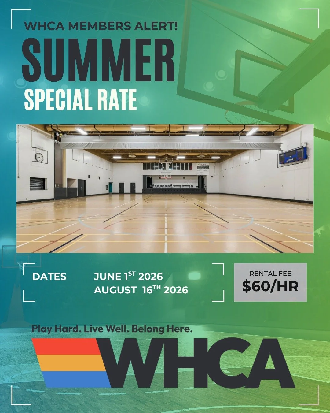 ☀️🏀 SUMMER GYM RENTAL SPECIAL! 🏐⚽

WHCA Members can now book our gymnasium this summer for a special Prime Time Rate of ONLY $60/hour 🙌

Available for:
🏀 Youth sports
🏐 Adult groups
⚽ Team practices
💪 Fitness &amp; recreation activities
🎉 Fun 