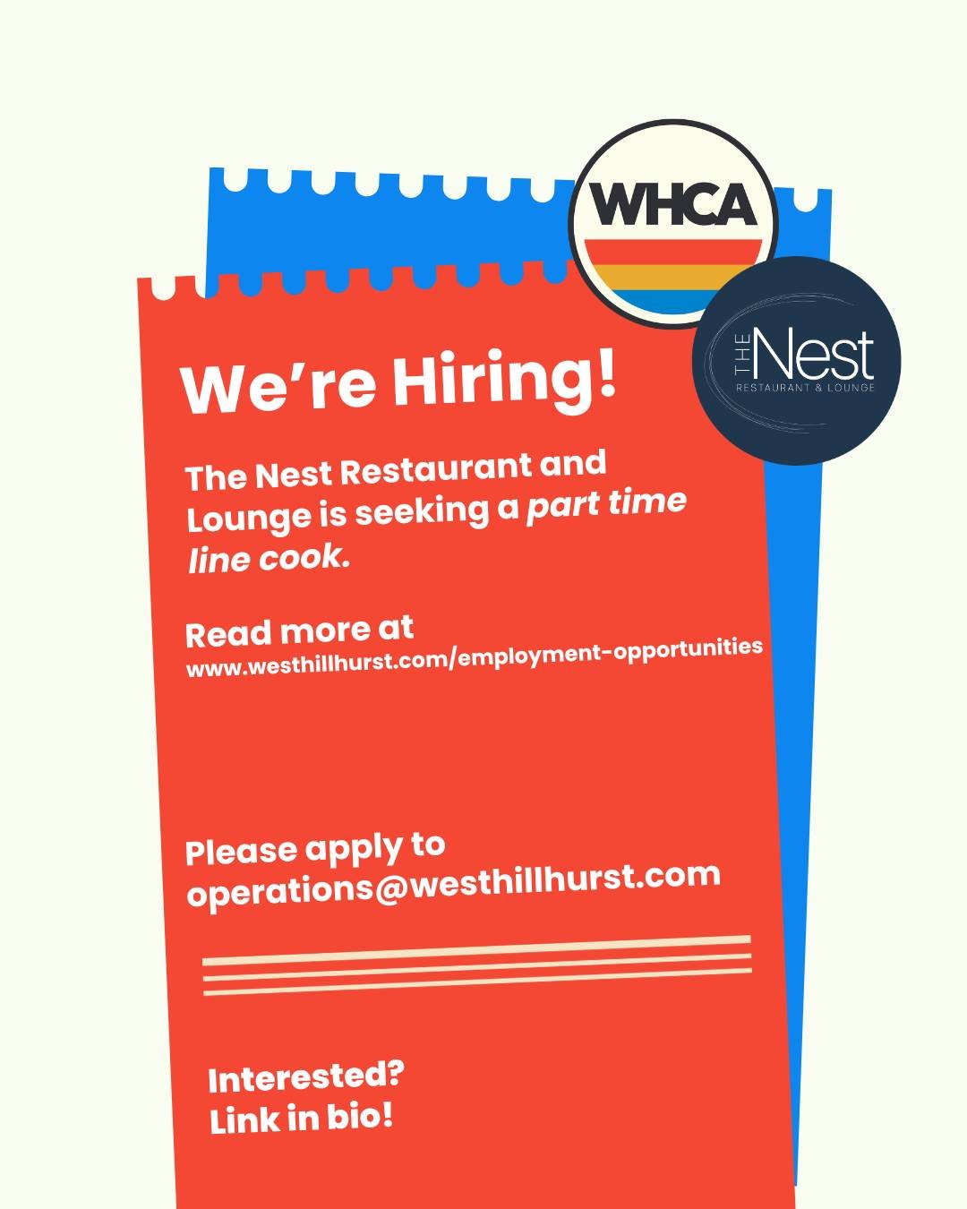 Come join our team!!! We are looking for  part time cook at our amazing Restaurant &amp; Lounge, The Nest.  www.westhillhurst.com/employment-opportunities #TheNest #WHCA #hillhurstyyc #WestHillhurst