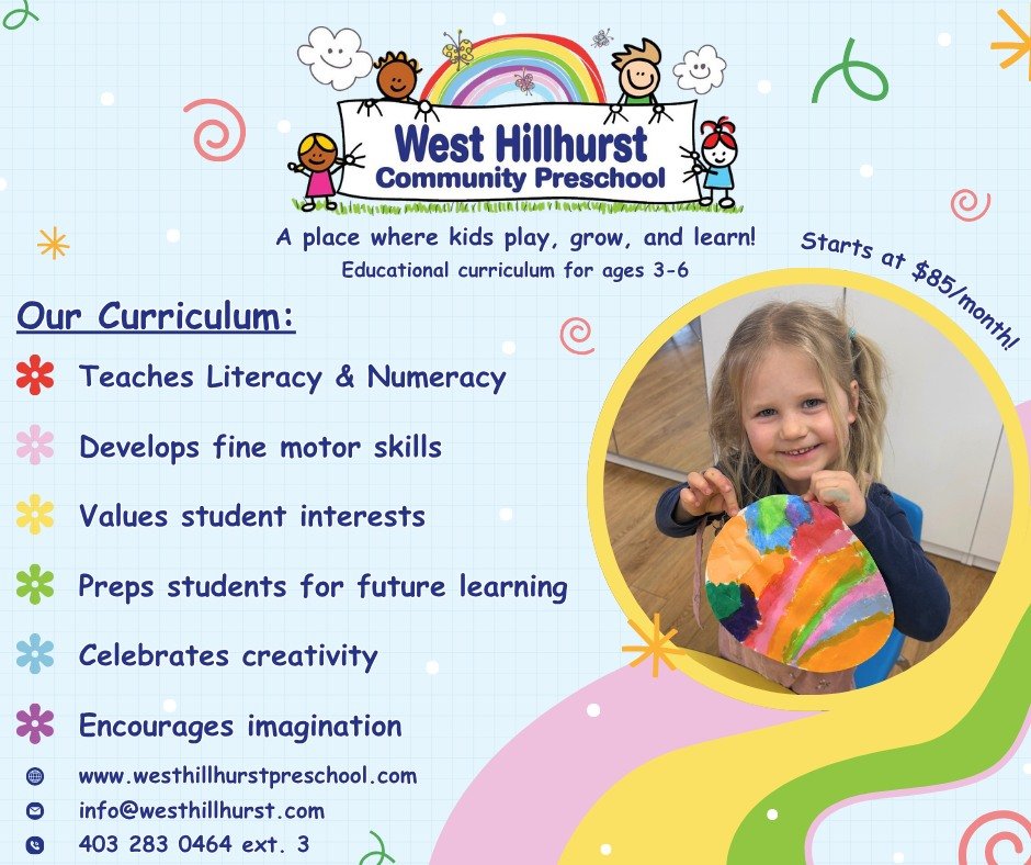 🌟 Preschool Registration is Open! 🌟

Give your child a wonderful start in a caring, play-based learning environment right in the heart of the West Hillhurst community.

At West Hillhurst Preschool, children ages 3&ndash;5 learn through play, creati