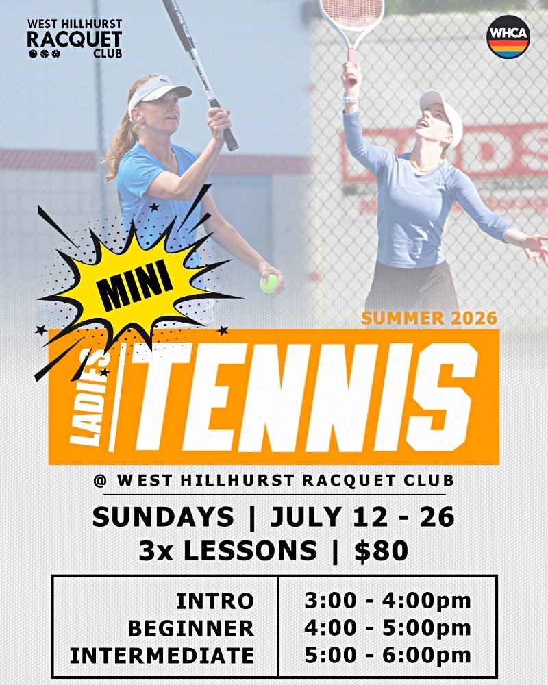 LADIES MINI TENNIS SUMMER SESSION 🎾
-
Register now for our mini 3 week summer session! 
Visit www.westhillhurst.com/tennislessons/
-