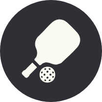 Pickleball paddle and ball on a dark circular background