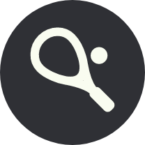 Icon of a tennis racket and ball on a dark background.