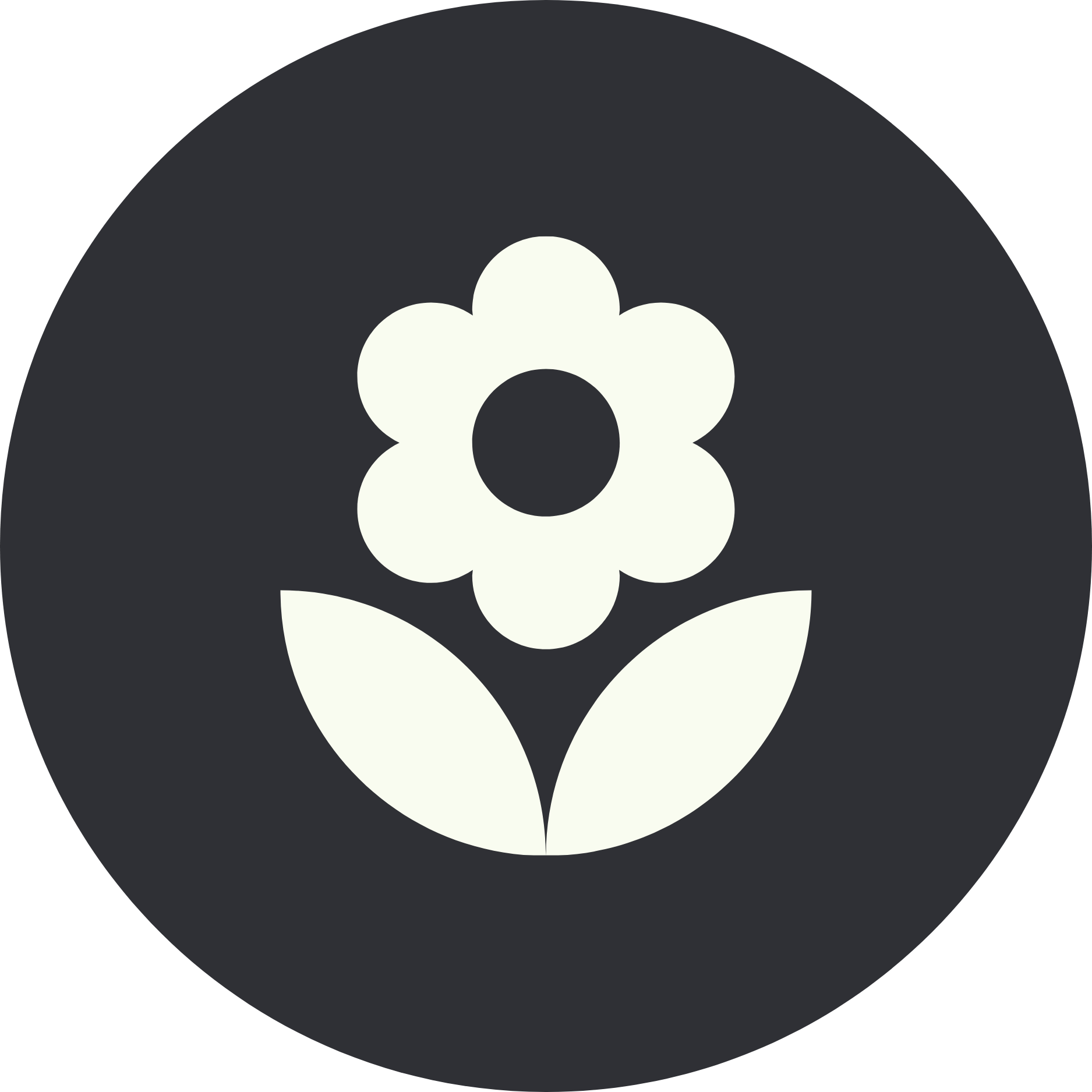 Icon of a white flower with five petals on a dark circular background.
