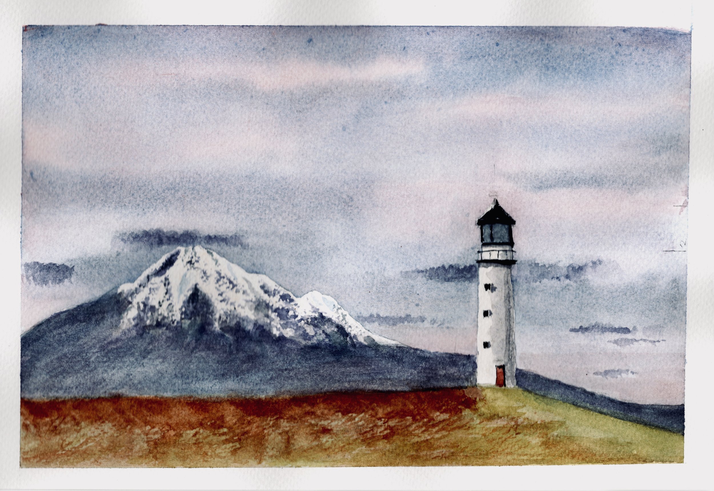 Watercolor painting of a landscape with a snowy mountain and a lighthouse on grassy terrain at sunset.