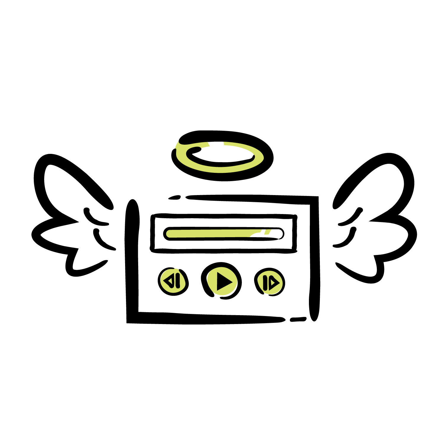 An illustration of an audio player with angel wings in a handrawn illustration style