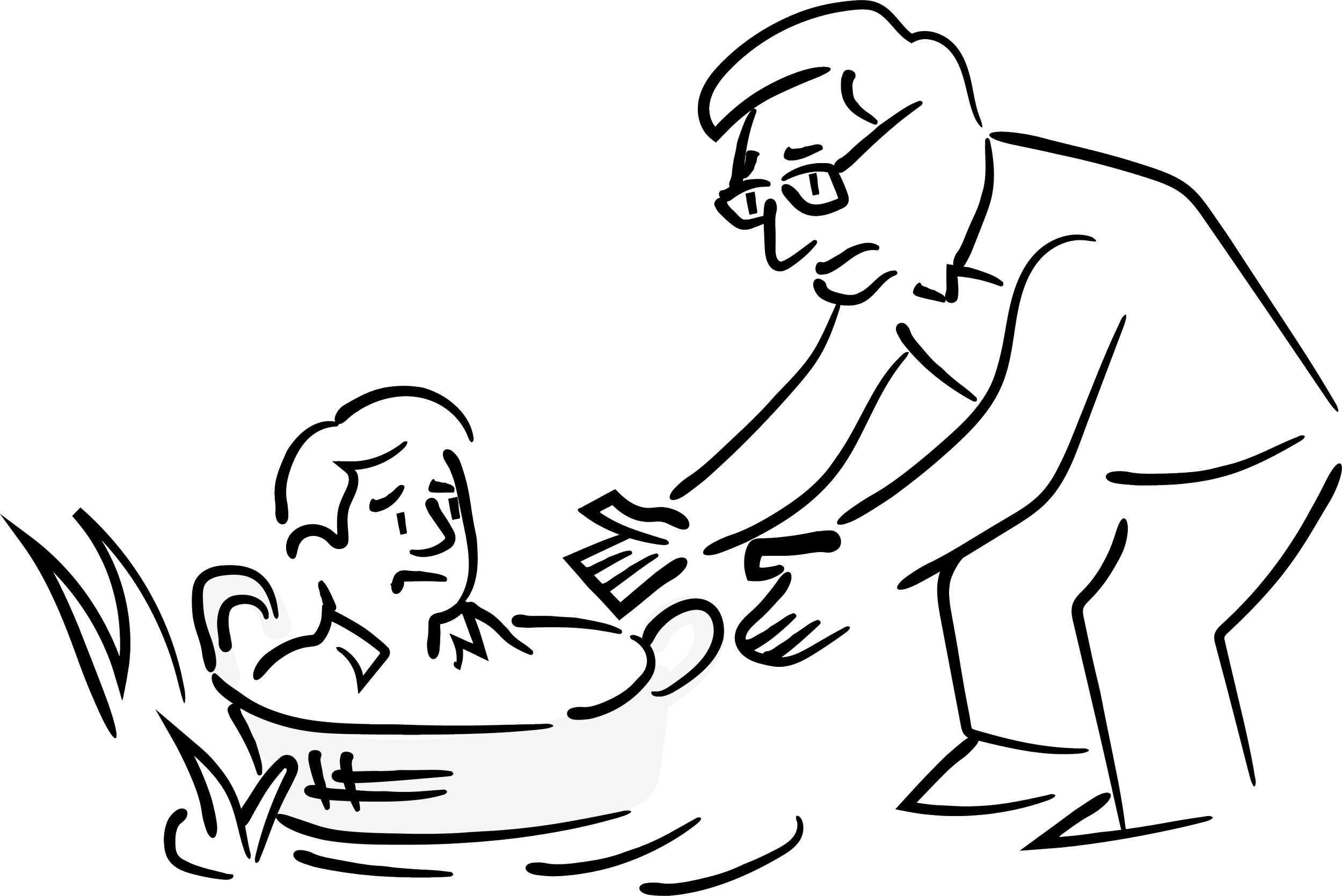 A black and white illustration of Jared in a basket like Moses and Pete reaching to rescue him in a handdrawn style