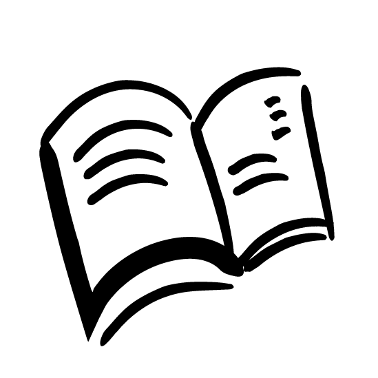 Black and white line drawing in a handrawn style of an open book with visible pages and text.