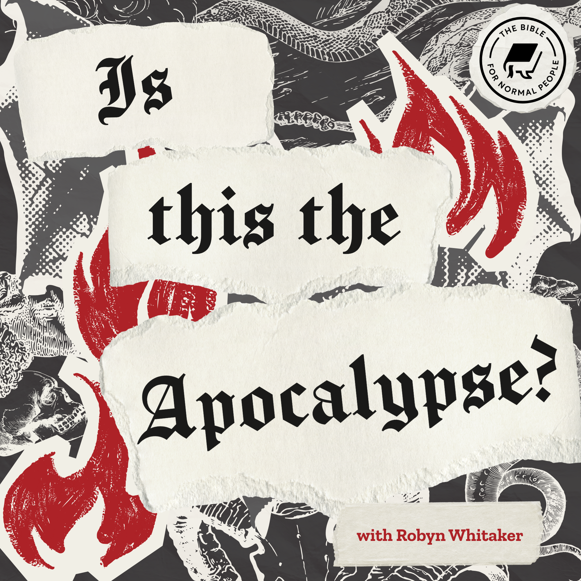 A black and white textured background with red flames overlaid. Black letters saying "Is this the Apocalypse? with Robyn Whitaker" on a white background at the forefront.
