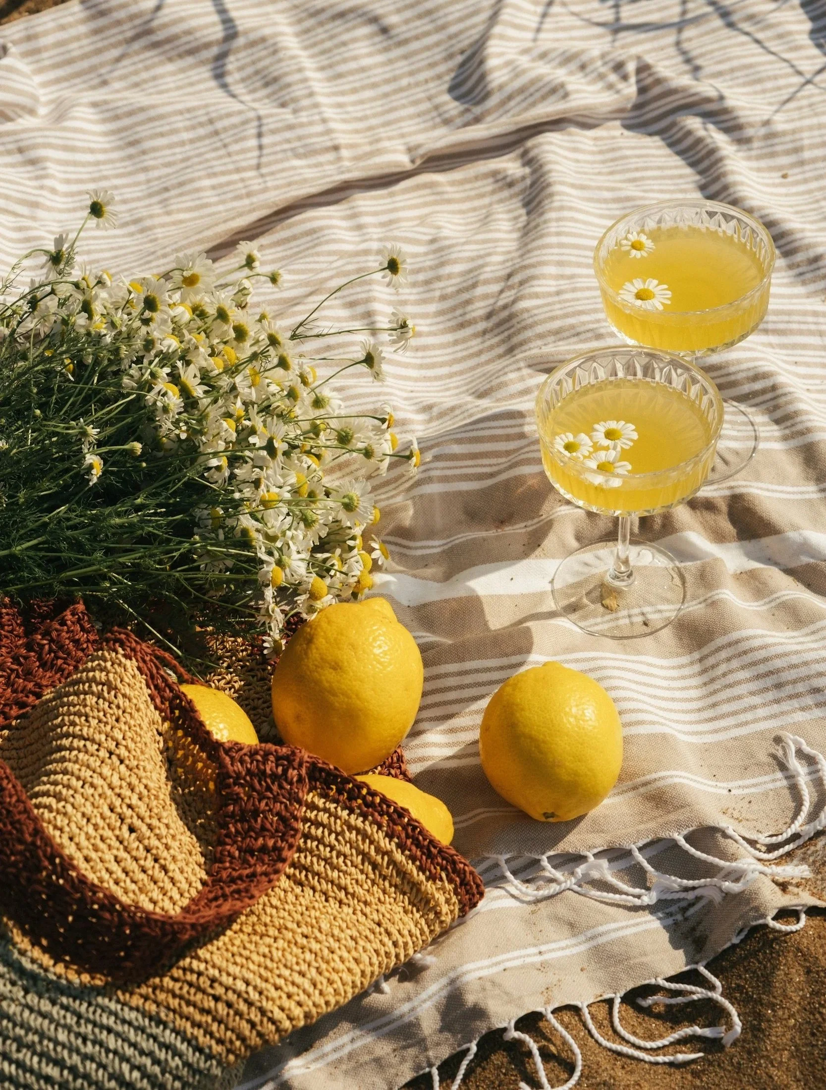 A picnic setup on a striped beige and white cloth with a bunch of daisies, two glasses of lemonade with daisies in them, and several bright yellow lemons on the ground.