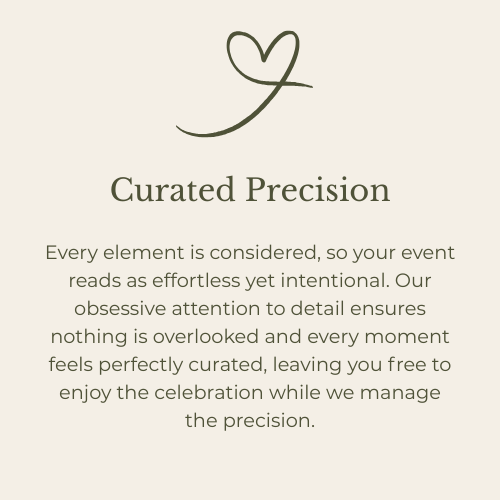 Text about curated precision with a heart illustration above, explaining attention to detail in event planning