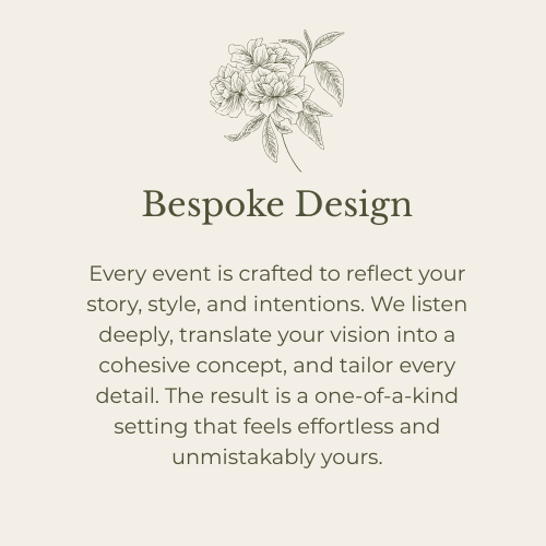 A floral sketch with the words 'Bespoke Design' and a description about custom event planning and design services.