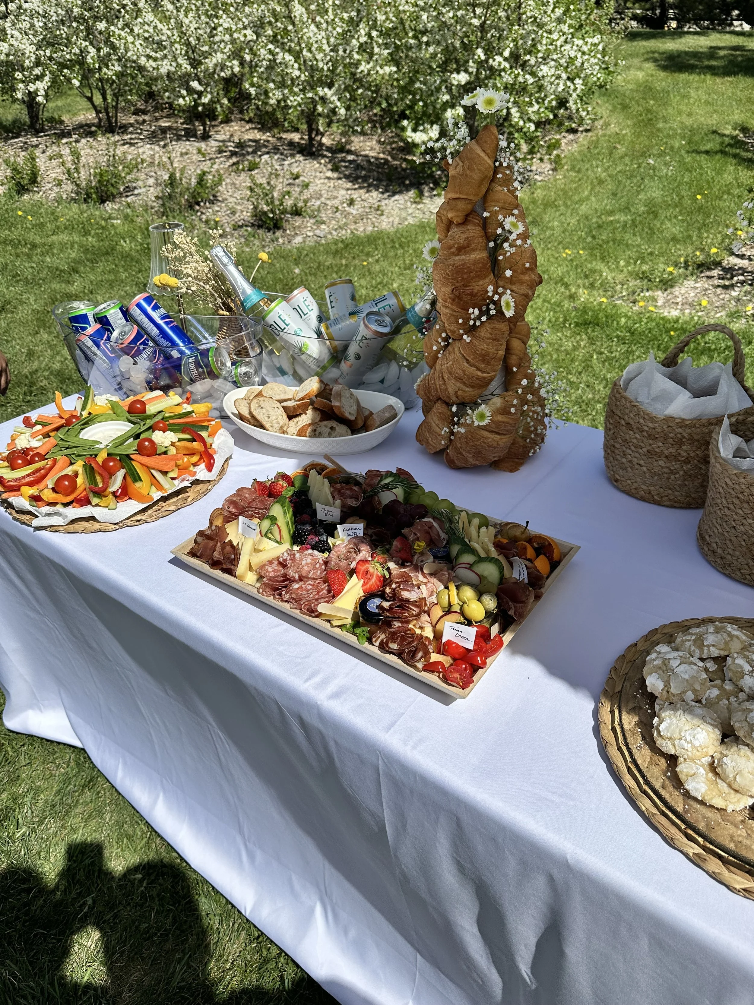 Outdoor picnic table with assorted food and drinks, including a vegetable platter, sliced meats, cheese, bread, cake, and cans of soda, set on a white tablecloth with a grassy background.