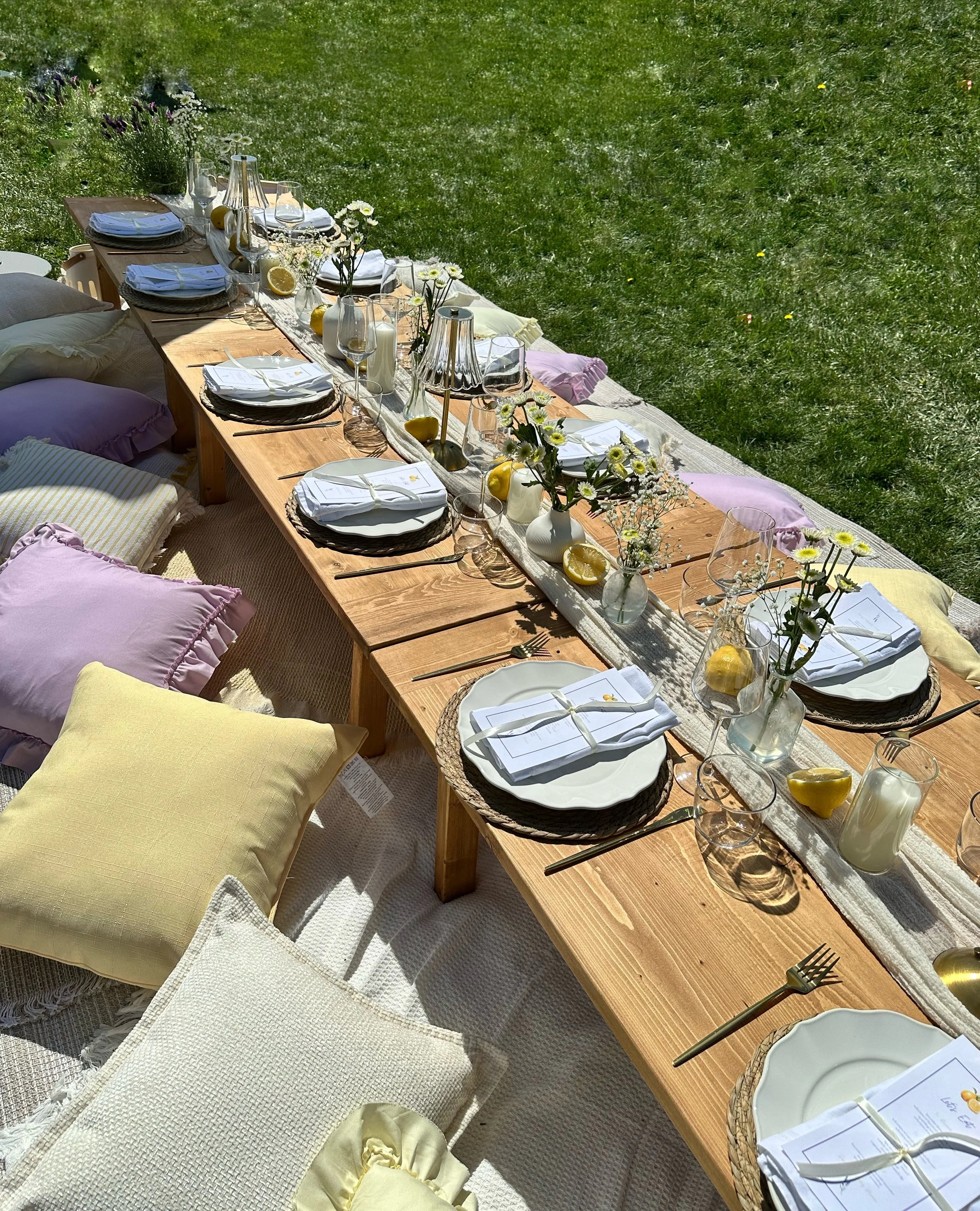 Outdoor dining table set on grass with plates, glasses, napkins, yellow lemons, vases with white and purple flowers, lamps, and pillows around the table for a picnic-style meal.