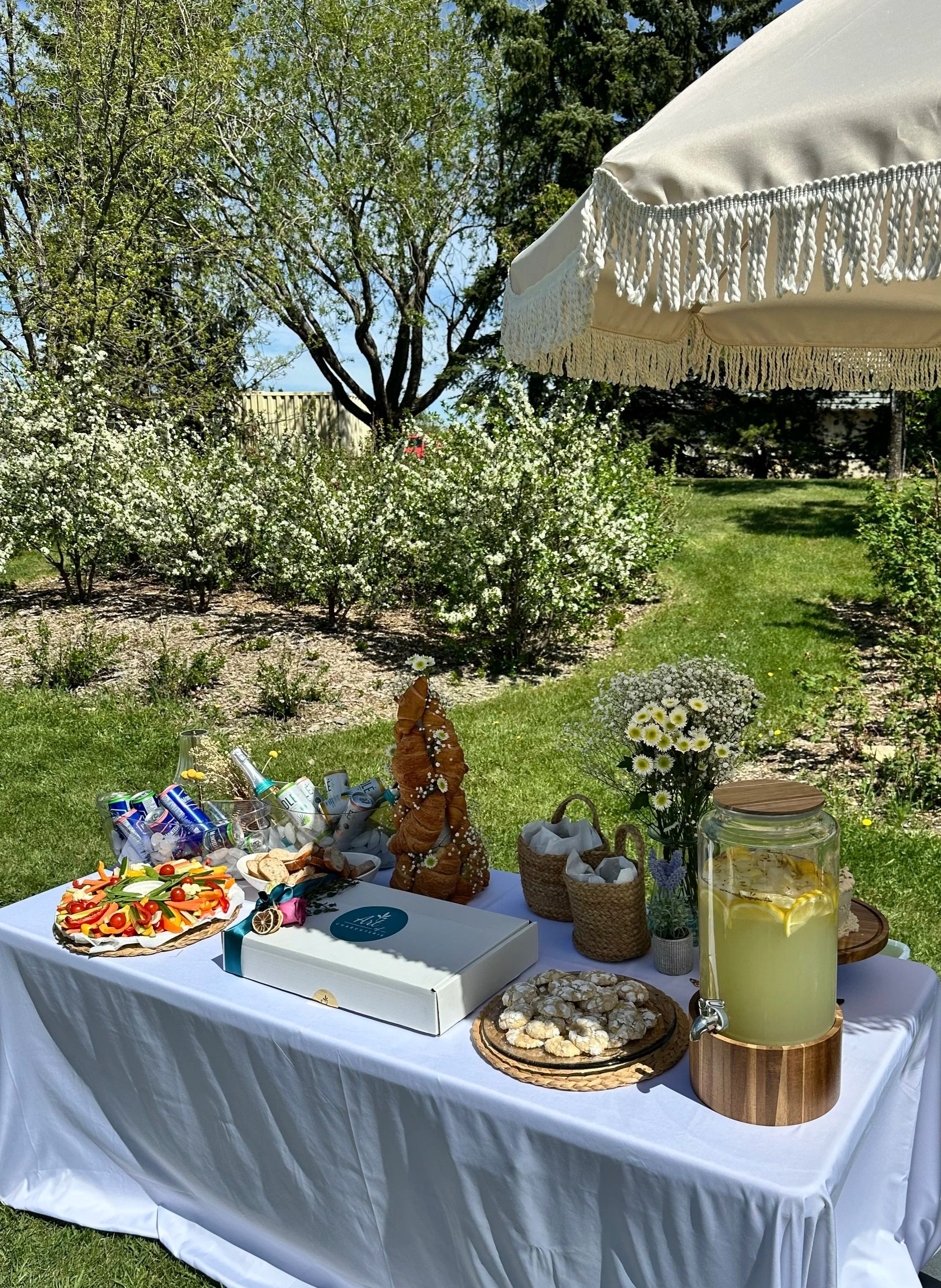 Outdoor garden party table with food and drinks, including vegetable platter, lemonade dispenser with lemon slices, charcuterie, birthday cake, and floral decorations, set up in a park against a backdrop of green trees and blue sky.