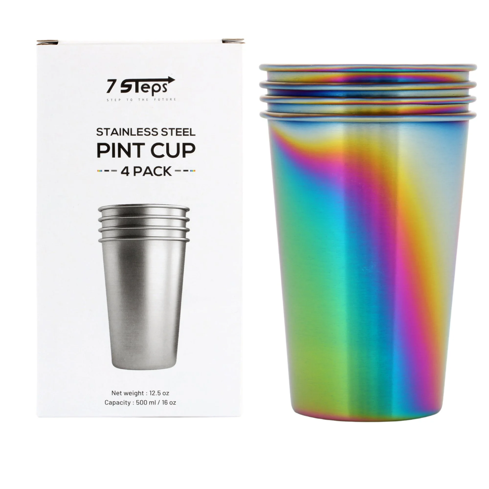 Stainless Steel Pint Cups 16 oz - Pack of 4 - Rainbow