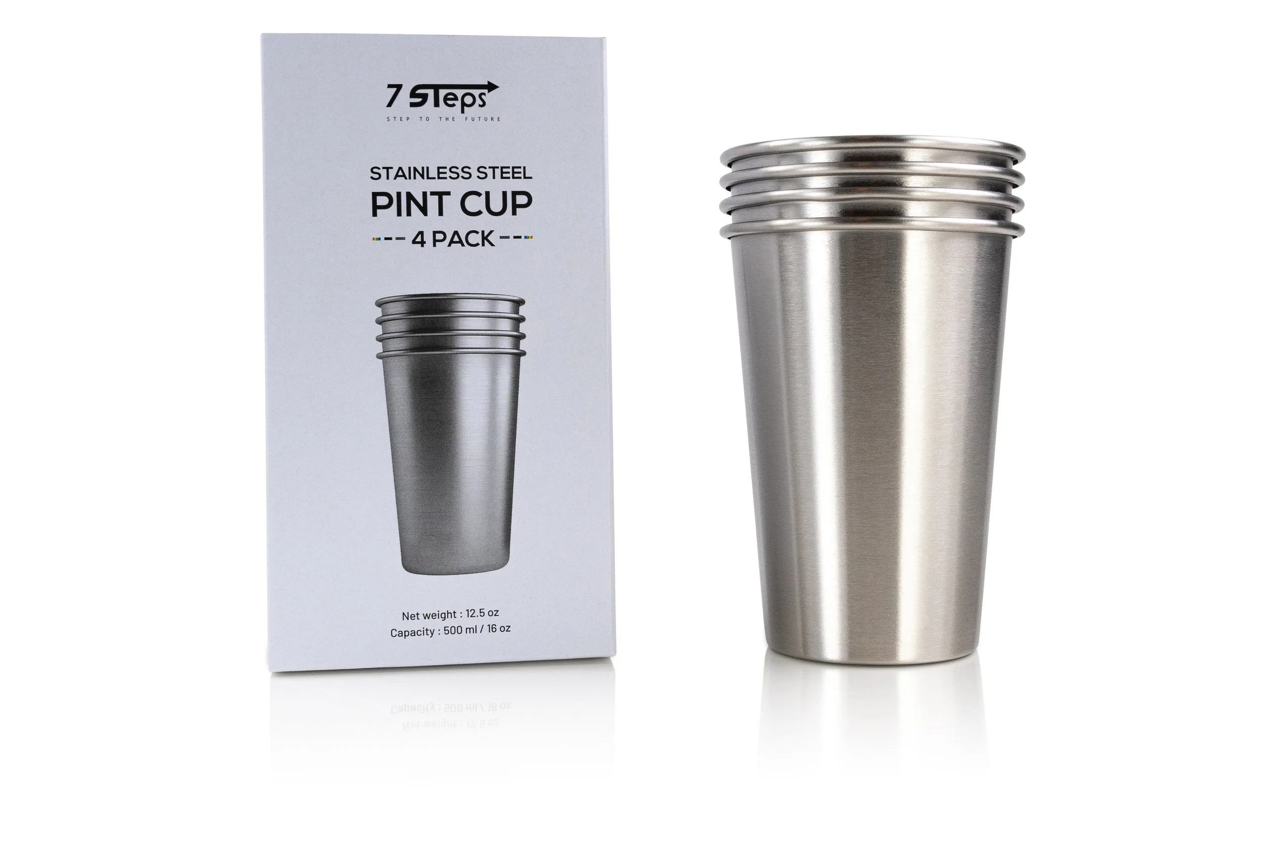 Stainless Steel Pint Cups 16 oz - Pack of 4 - Silver