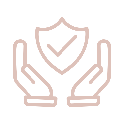 Outline of two hands holding a shield with a check mark in the center.