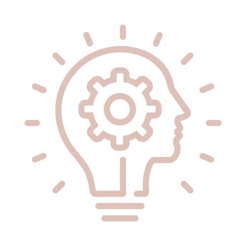 Outline of a human face with a gear inside the head, surrounded by light rays, symbolizing ideas or thinking.
