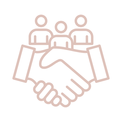 Outline of three people behind a handshake, representing collaboration or agreement.
