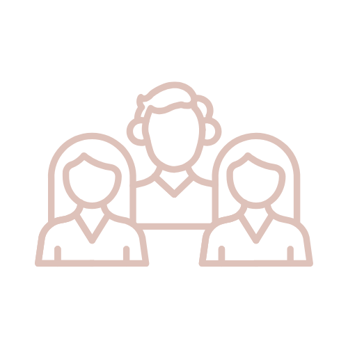 Outline icon of three people, one in the center and two on either side, all with blank faces and simple clothing, representing a group of individuals.