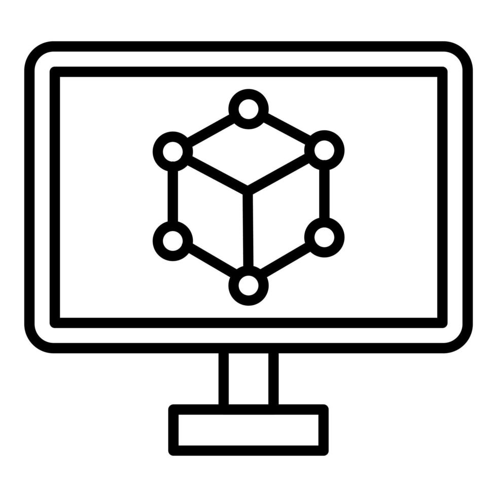 Line drawing of a computer monitor displaying a 3D geometric cube with connecting points.