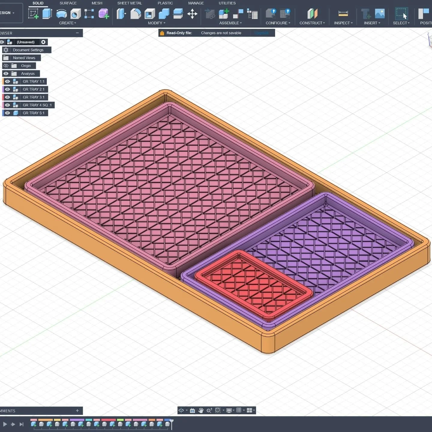 OUR PROCESS (Part 2):

Sketch ➡️ 3D Model

The sketch suggests the idea, but CAD is where we start hashing out the details. AutoCAD helped define the proportions, while Fusion allowed us to bring the trays into three dimensions to refine geometry. 

