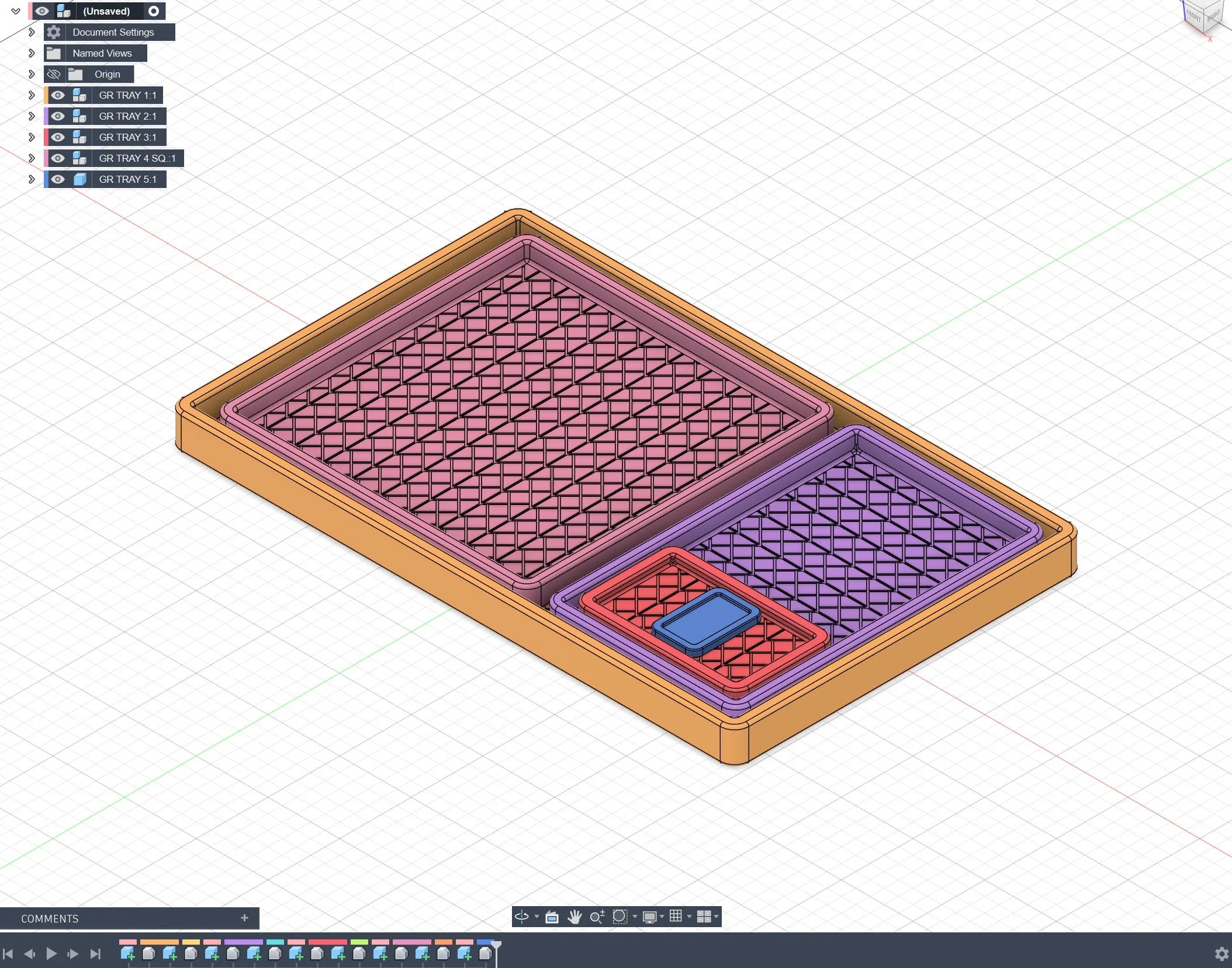 3D CAD design of a rectangular electronic component tray with multiple interconnected compartments, featuring a grid pattern for holding smaller items, shown in various colors for different tray sections.
