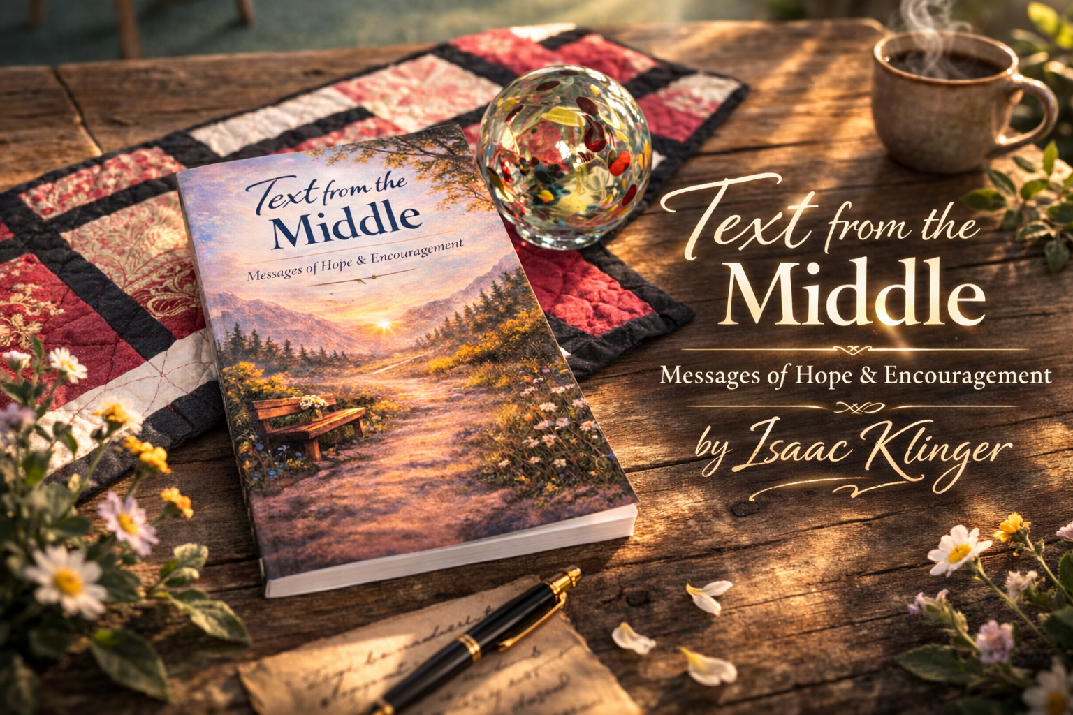 A book titled "Text from the Middle: Messages of Hope & Encouragement" featuring a landscape with mountains, trees, and a sunset on a wooden table with a cup of coffee, a crystal ball, a pen, and flowers around it.