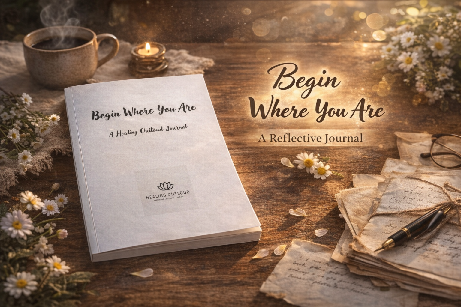 An open journal titled 'Begin Where You Are' beside a cup of coffee, a lit candle, handwritten letters, a pen, and flowers on a wooden table, with the text 'Begin Where You Are, A Reflective Journal' overlayed.