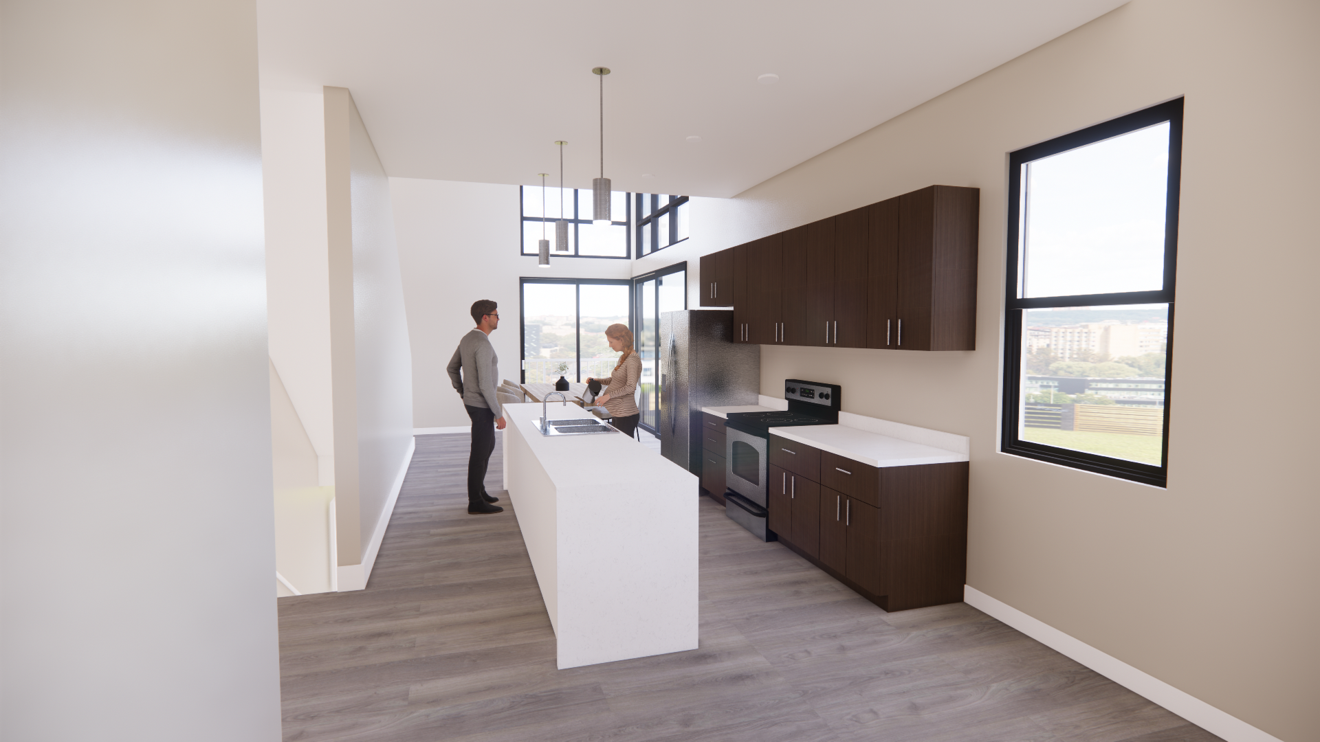 Modern kitchen with two people, a man and a woman, standing at the white kitchen island, with large windows providing outdoor views.