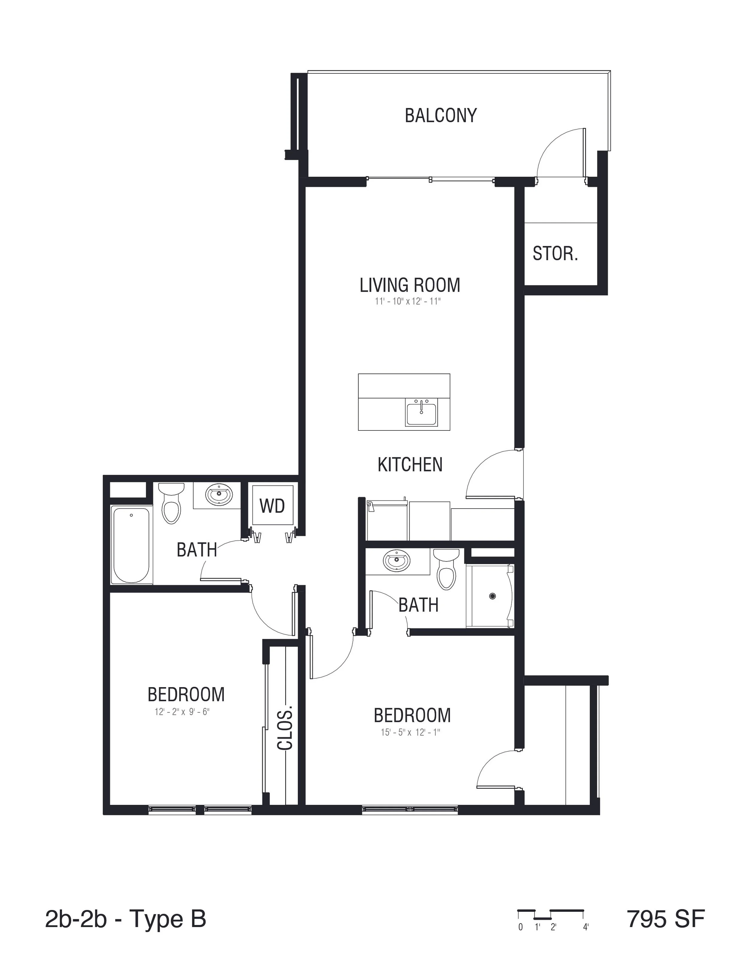 Floor plan of a two-bedroom, two-bath apartment with a balcony, kitchen, living room, two bedrooms, and two bathrooms.