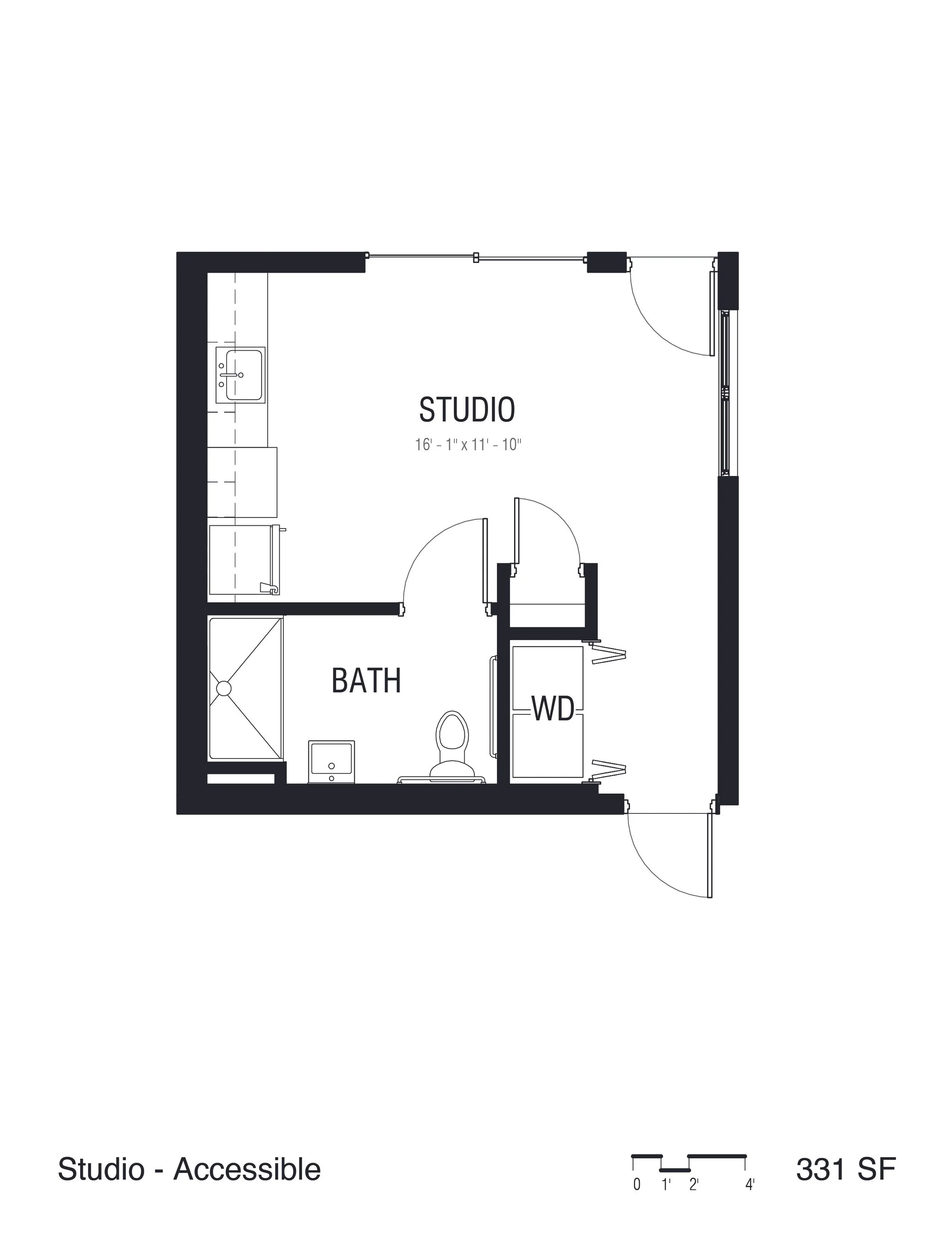 Floor plan of an accessible studio apartment measuring 16 feet 1 inch by 11 feet 10 inches, with a bathroom and laundry area, and a door on the right side of the room.