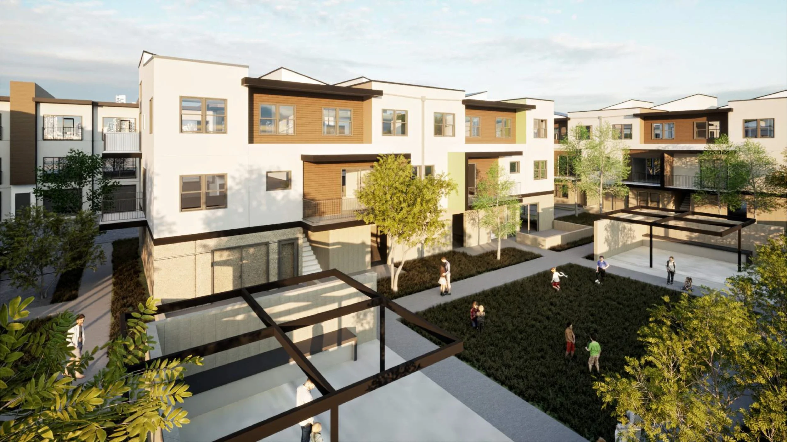 Modern residential apartment complex with outdoor communal area, trees, pathways, and children and adults walking and playing.