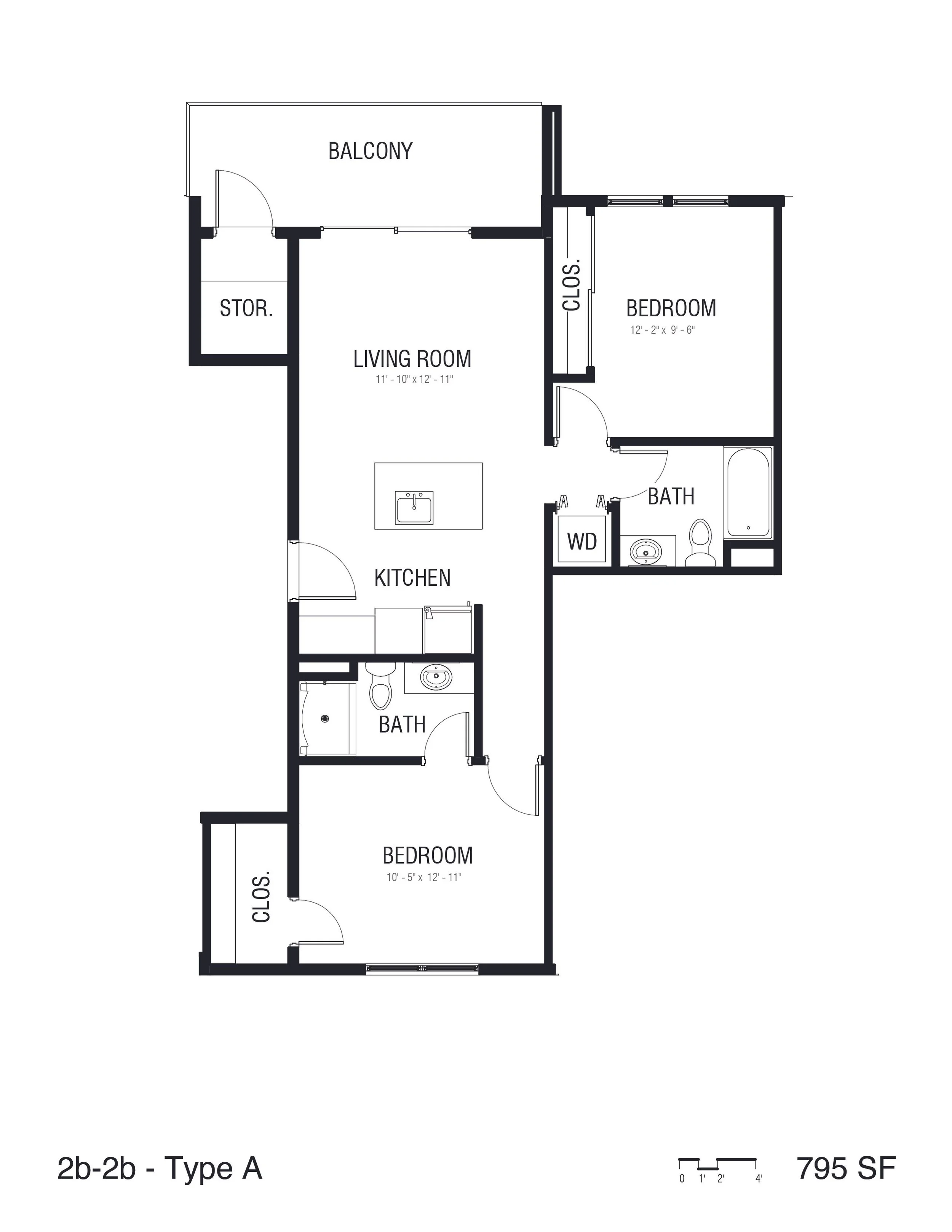 Floor plan of a two-bedroom, two-bathroom apartment with a balcony, living room, kitchen, and storage area.
