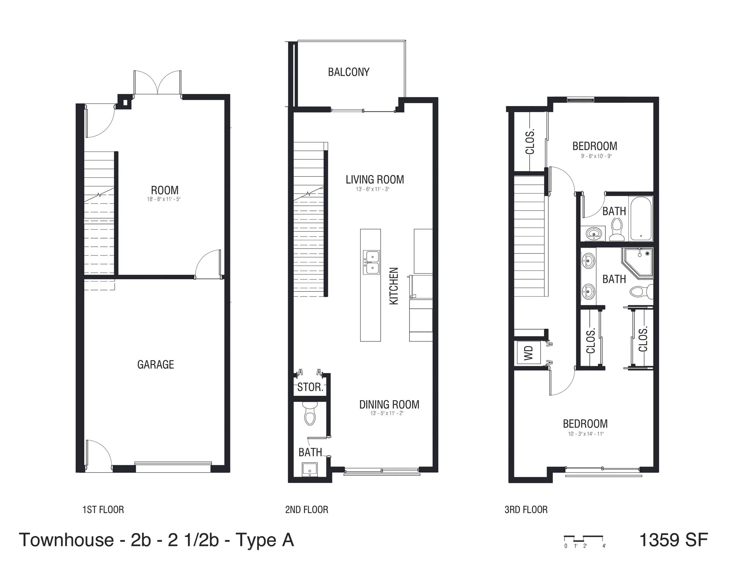 Floor plan of a townhouse showing three floors: first floor with a garage and a large room, second floor with a living room, kitchen, dining area, and a bathroom, and third floor with two bedrooms, two bathrooms, closets, and a washer and dryer.