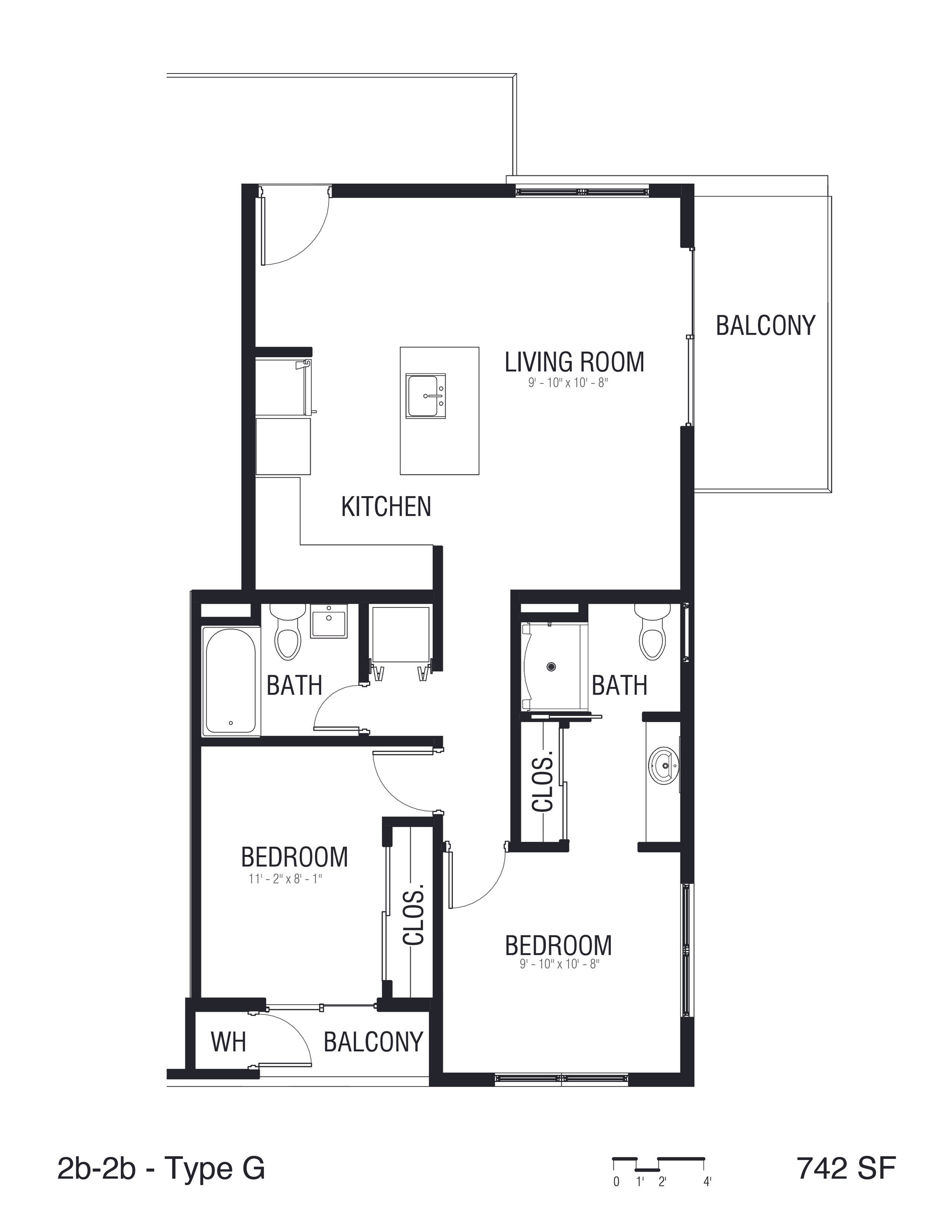 Floor plan of a two-bedroom, two-bath apartment with a balcony, kitchen, living room, two bedrooms, and two bathrooms.