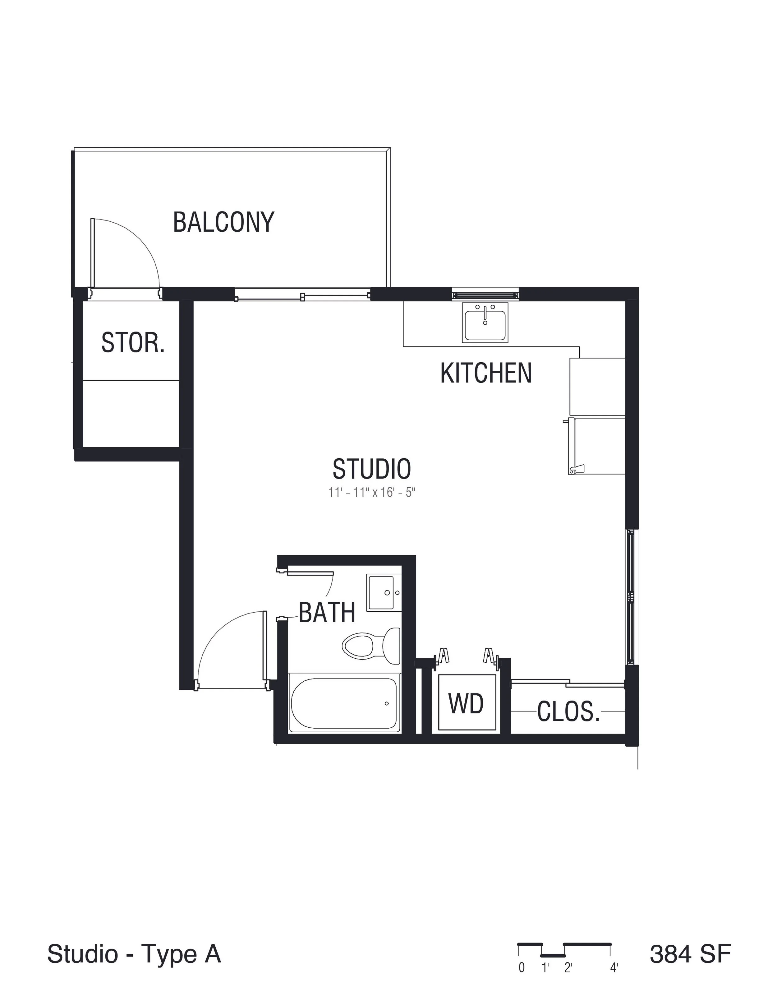 Studio apartment floor plan with a balcony, storage, kitchen, bathroom, closet, washer/dryer, and main living area.