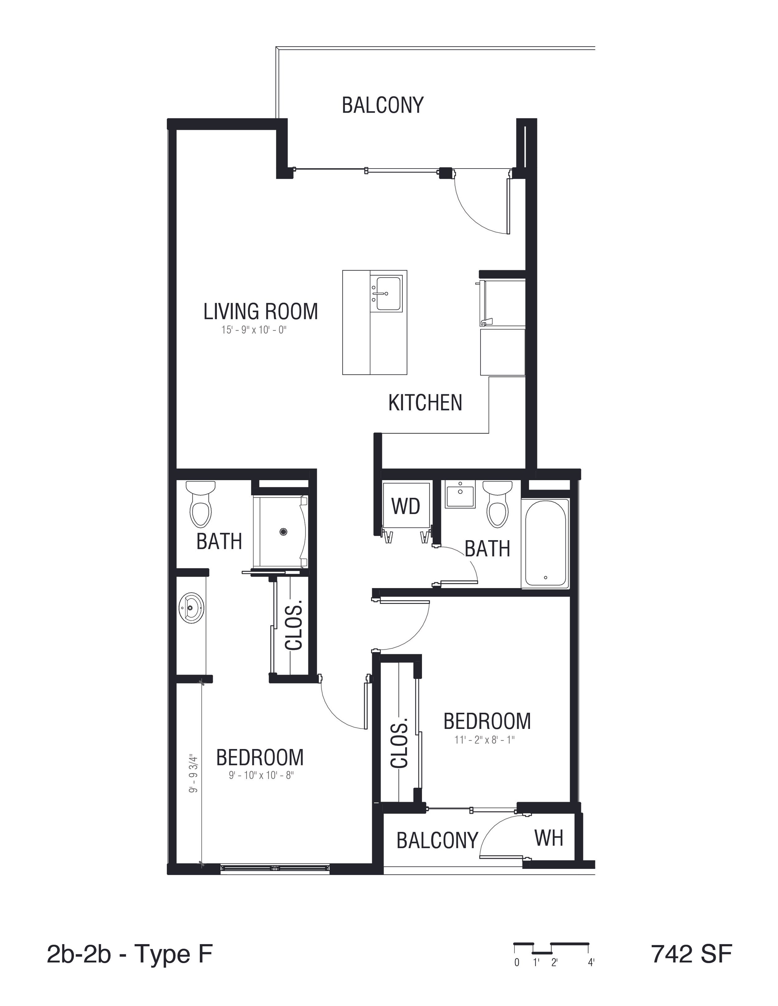Floor plan of a two-bedroom, two-bathroom apartment with a balcony, living room, kitchen, and storage area.