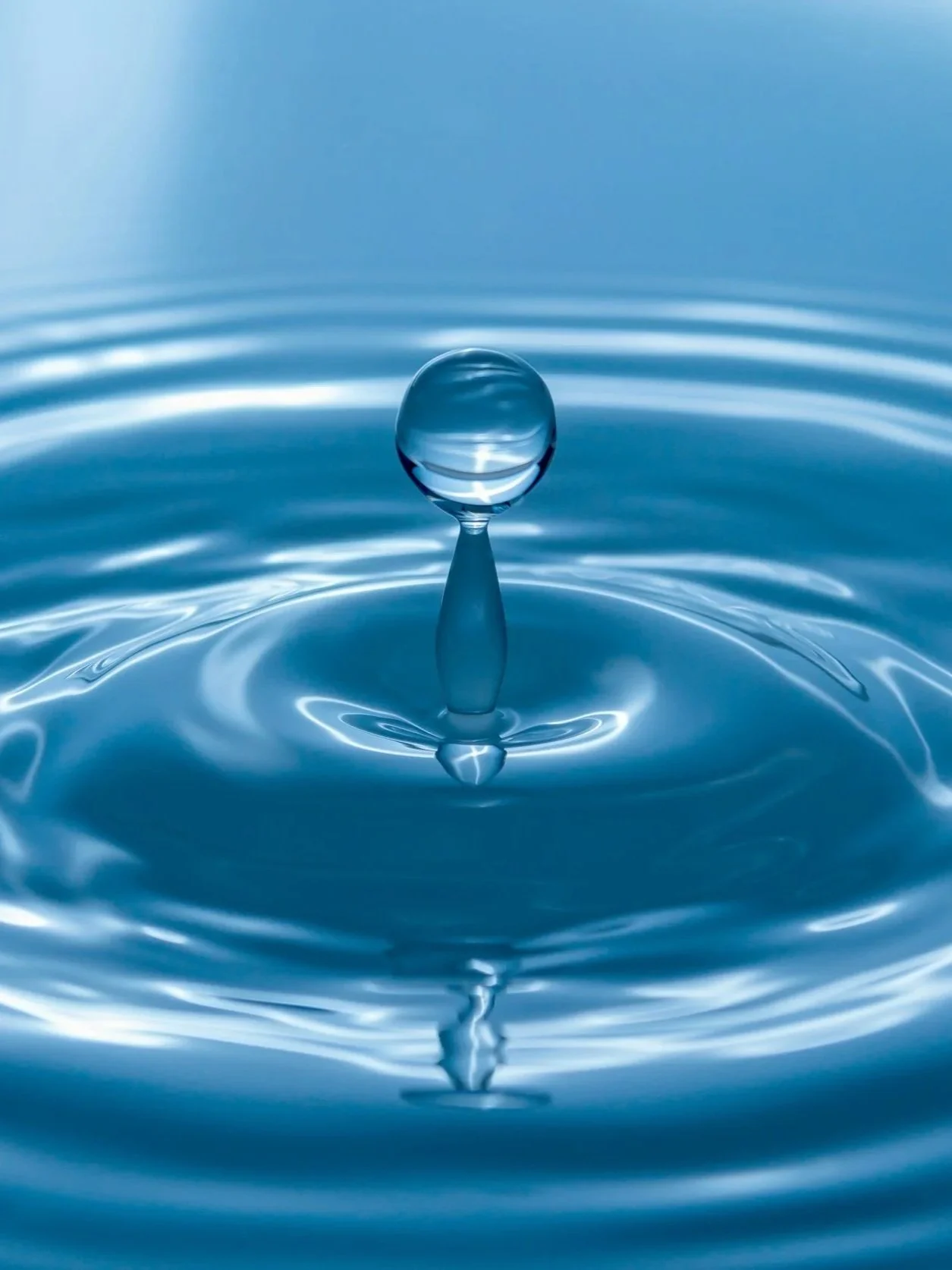 Close-up of a water droplet impacting the surface of a calm body of water, creating ripple waves.