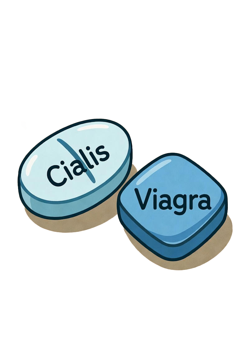 Illustration of two pills labeled 'Cialis' and 'Viagra' on a beige background.