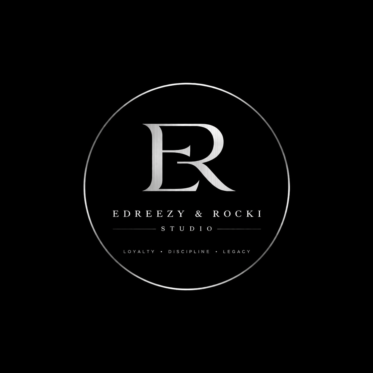 Black background with a silver circular logo in the center. The logo features a large stylized letter 'R', with text below reading 'EDREEZY & ROCKI STUDIO' and the words 'LOYALTY', 'DISCIPLINE', and 'LEGACY' at the bottom.