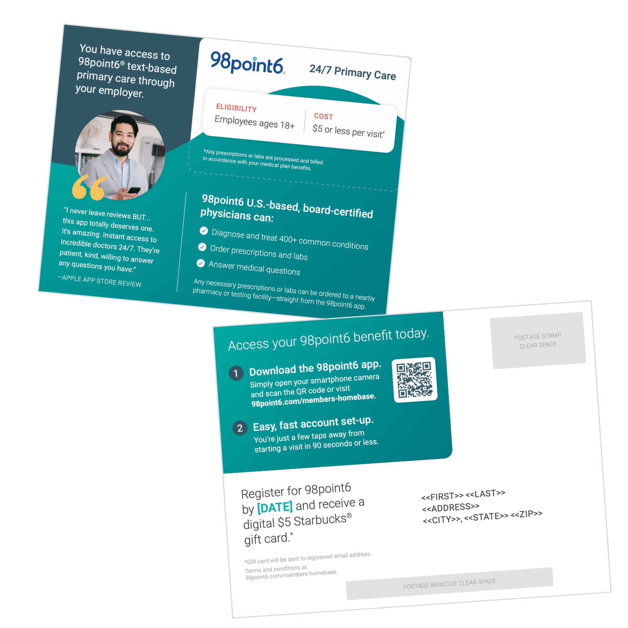 Teal and white postcard from 98point6 educating new member on benefits.