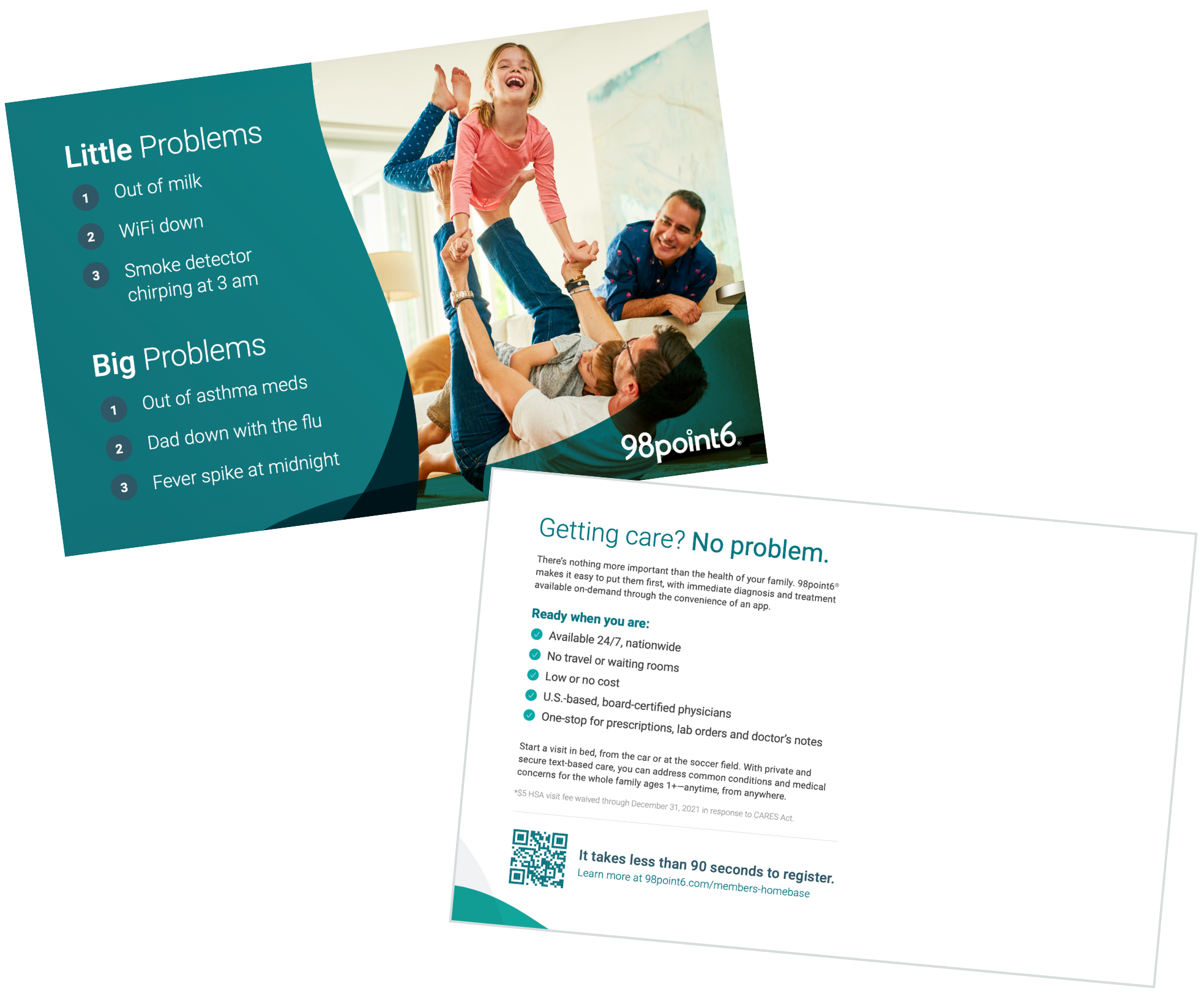 Teal and white postcard from 98point6 educating existing members on pediatric benefits for their dependents.