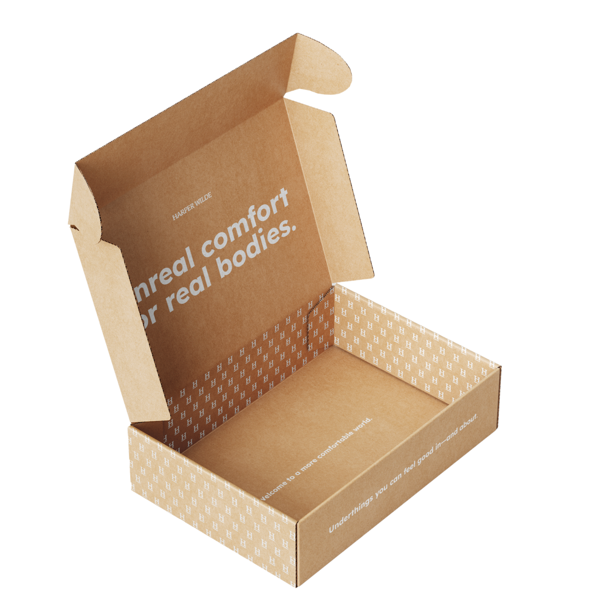 Open cardboard box with printed messages inside, including 'Unreal comfort for real bodies' and 'Welcome to a more comfortable world,' with patterned interior.