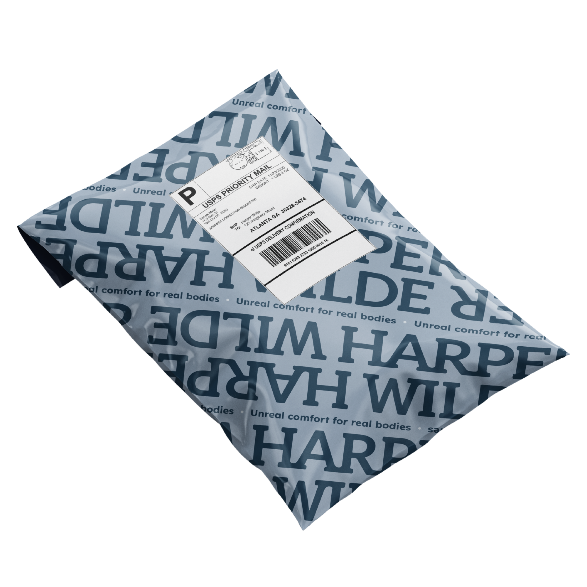 A package from Harper Wilde with USPS Priority Mail label, on a surface.