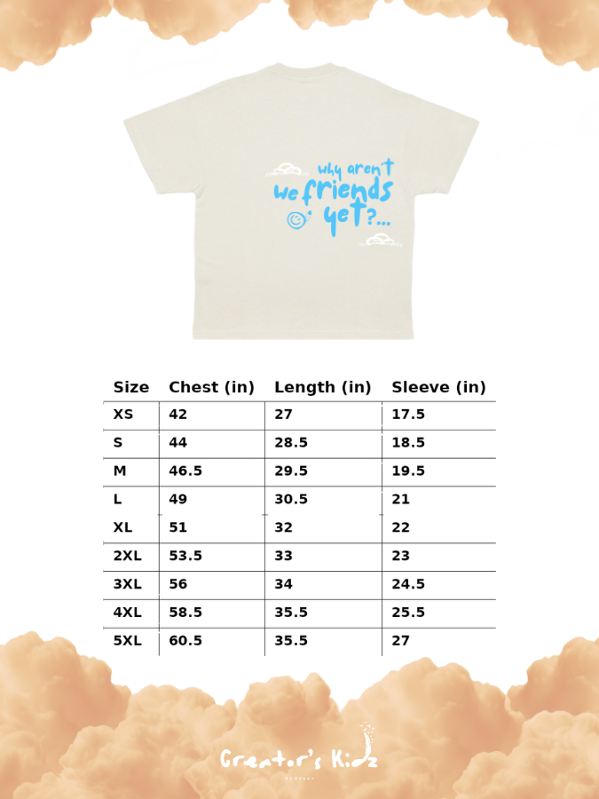 CKC tshirt sizing chart showing chest length an sleeve measurements for oversized Afro Indigenous streetwear tee.