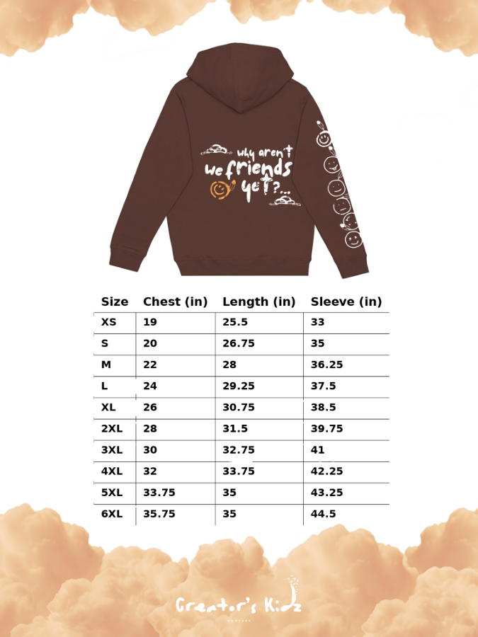 CKC hoodie sizing chart showing chest length an sleeve measurements for oversized Afro Indigenous streetwear hoodie.